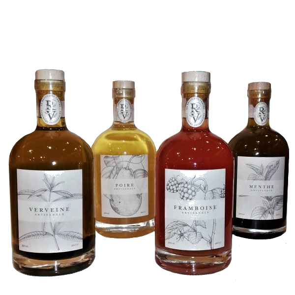 liqueurs artisanales d'Auvergne Verveine, Poire, Framboise, Menthe