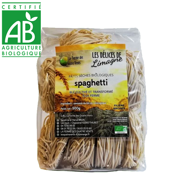 Pâtes spaghetti bio au blé cultivé à la ferme des 4 vents en Auvergne